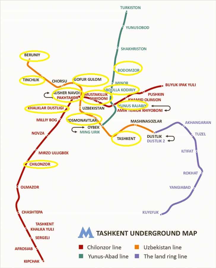 Tashkent Metro Stations - Best metro stations in Tashkent to visit map